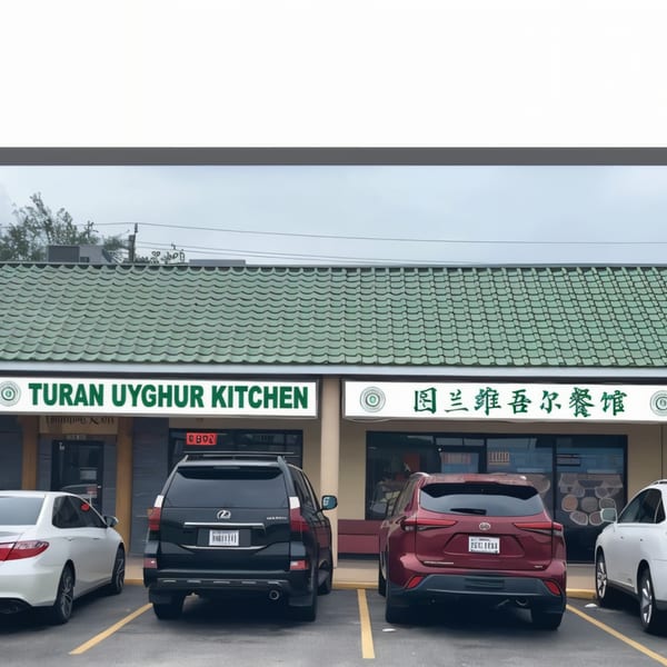 Exterior of Turan Uyghur Kitchen with a green tiled roof and cars parked in front.